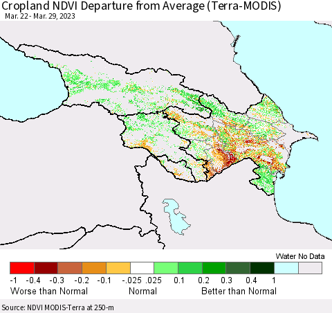 Azerbaijan, Armenia and Georgia Cropland NDVI Departure from Average (Terra-MODIS) Thematic Map For 3/22/2023 - 3/29/2023