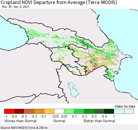 Azerbaijan, Armenia and Georgia Cropland NDVI Departure from Average (Terra-MODIS) Thematic Map For 3/30/2023 - 4/6/2023