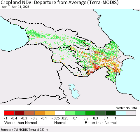 Azerbaijan, Armenia and Georgia Cropland NDVI Departure from Average (Terra-MODIS) Thematic Map For 4/7/2023 - 4/14/2023