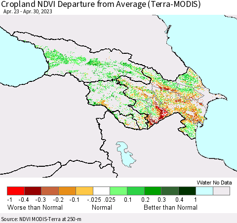 Azerbaijan, Armenia and Georgia Cropland NDVI Departure from Average (Terra-MODIS) Thematic Map For 4/23/2023 - 4/30/2023