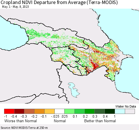Azerbaijan, Armenia and Georgia Cropland NDVI Departure from Average (Terra-MODIS) Thematic Map For 5/1/2023 - 5/8/2023