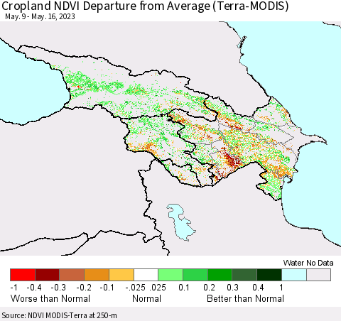 Azerbaijan, Armenia and Georgia Cropland NDVI Departure from Average (Terra-MODIS) Thematic Map For 5/9/2023 - 5/16/2023