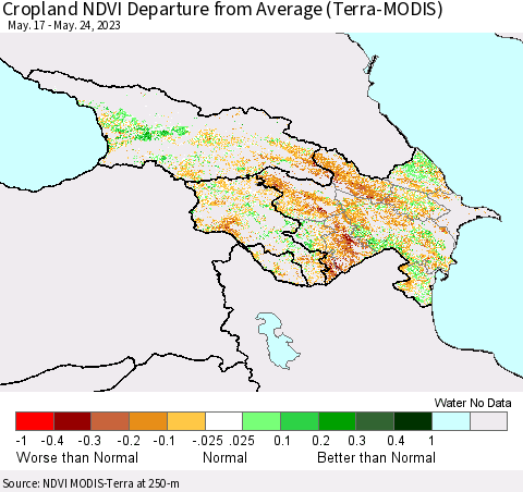 Azerbaijan, Armenia and Georgia Cropland NDVI Departure from Average (Terra-MODIS) Thematic Map For 5/17/2023 - 5/24/2023