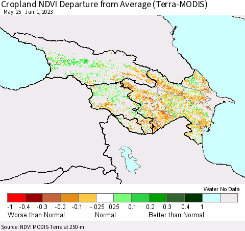 Azerbaijan, Armenia and Georgia Cropland NDVI Departure from Average (Terra-MODIS) Thematic Map For 5/25/2023 - 6/1/2023