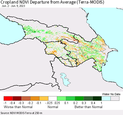 Azerbaijan, Armenia and Georgia Cropland NDVI Departure from Average (Terra-MODIS) Thematic Map For 6/2/2023 - 6/9/2023