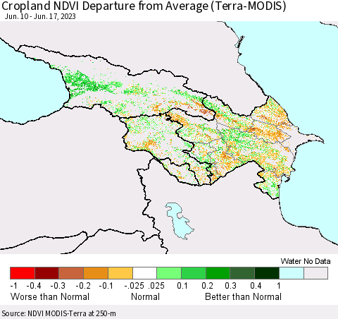 Azerbaijan, Armenia and Georgia Cropland NDVI Departure from Average (Terra-MODIS) Thematic Map For 6/10/2023 - 6/17/2023