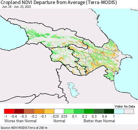 Azerbaijan, Armenia and Georgia Cropland NDVI Departure from Average (Terra-MODIS) Thematic Map For 6/18/2023 - 6/25/2023