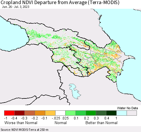 Azerbaijan, Armenia and Georgia Cropland NDVI Departure from Average (Terra-MODIS) Thematic Map For 6/26/2023 - 7/3/2023