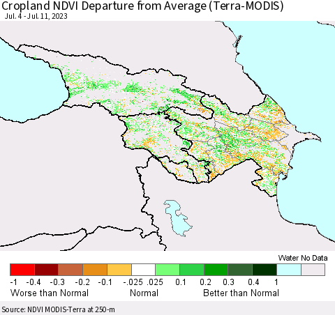 Azerbaijan, Armenia and Georgia Cropland NDVI Departure from Average (Terra-MODIS) Thematic Map For 7/4/2023 - 7/11/2023