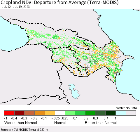 Azerbaijan, Armenia and Georgia Cropland NDVI Departure from Average (Terra-MODIS) Thematic Map For 7/12/2023 - 7/19/2023
