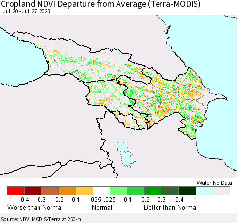 Azerbaijan, Armenia and Georgia Cropland NDVI Departure from Average (Terra-MODIS) Thematic Map For 7/20/2023 - 7/27/2023