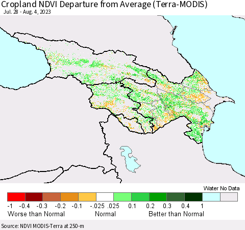 Azerbaijan, Armenia and Georgia Cropland NDVI Departure from Average (Terra-MODIS) Thematic Map For 7/28/2023 - 8/4/2023