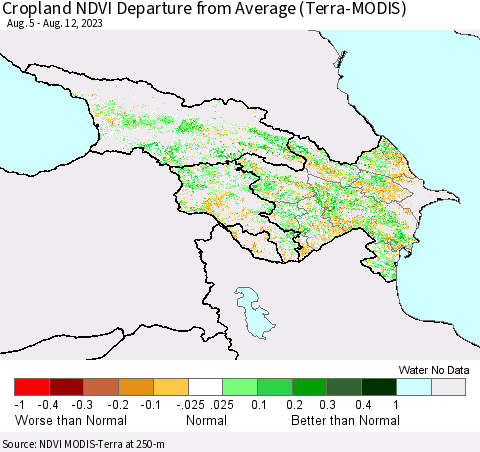 Azerbaijan, Armenia and Georgia Cropland NDVI Departure from Average (Terra-MODIS) Thematic Map For 8/5/2023 - 8/12/2023