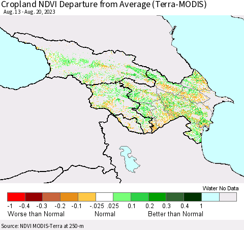 Azerbaijan, Armenia and Georgia Cropland NDVI Departure from Average (Terra-MODIS) Thematic Map For 8/13/2023 - 8/20/2023