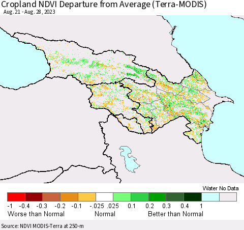 Azerbaijan, Armenia and Georgia Cropland NDVI Departure from Average (Terra-MODIS) Thematic Map For 8/21/2023 - 8/28/2023
