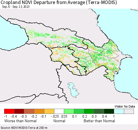 Azerbaijan, Armenia and Georgia Cropland NDVI Departure from Average (Terra-MODIS) Thematic Map For 9/6/2023 - 9/13/2023