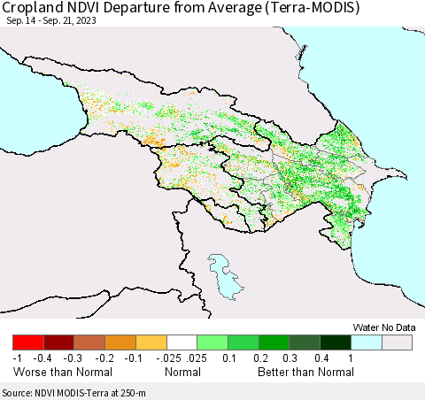 Azerbaijan, Armenia and Georgia Cropland NDVI Departure from Average (Terra-MODIS) Thematic Map For 9/14/2023 - 9/21/2023