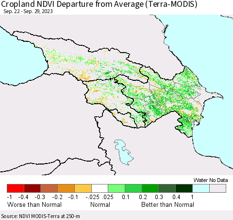 Azerbaijan, Armenia and Georgia Cropland NDVI Departure from Average (Terra-MODIS) Thematic Map For 9/22/2023 - 9/29/2023