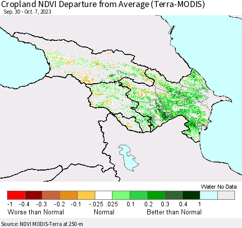 Azerbaijan, Armenia and Georgia Cropland NDVI Departure from Average (Terra-MODIS) Thematic Map For 9/30/2023 - 10/7/2023