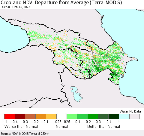 Azerbaijan, Armenia and Georgia Cropland NDVI Departure from Average (Terra-MODIS) Thematic Map For 10/8/2023 - 10/15/2023