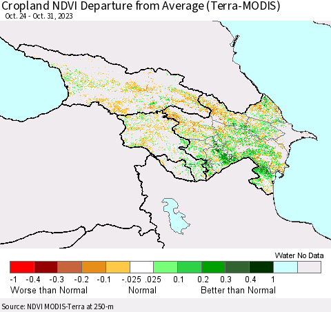 Azerbaijan, Armenia and Georgia Cropland NDVI Departure from Average (Terra-MODIS) Thematic Map For 10/24/2023 - 10/31/2023