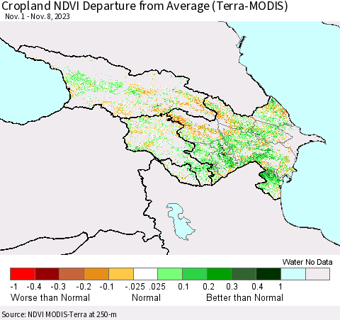 Azerbaijan, Armenia and Georgia Cropland NDVI Departure from Average (Terra-MODIS) Thematic Map For 11/1/2023 - 11/8/2023