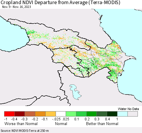 Azerbaijan, Armenia and Georgia Cropland NDVI Departure from Average (Terra-MODIS) Thematic Map For 11/9/2023 - 11/16/2023