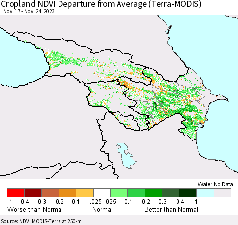 Azerbaijan, Armenia and Georgia Cropland NDVI Departure from Average (Terra-MODIS) Thematic Map For 11/17/2023 - 11/24/2023