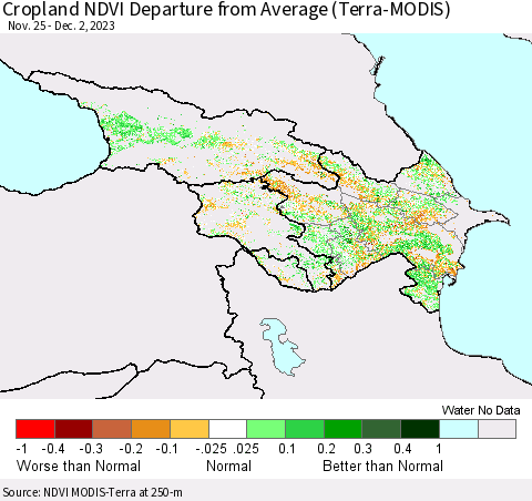 Azerbaijan, Armenia and Georgia Cropland NDVI Departure from Average (Terra-MODIS) Thematic Map For 11/25/2023 - 12/2/2023