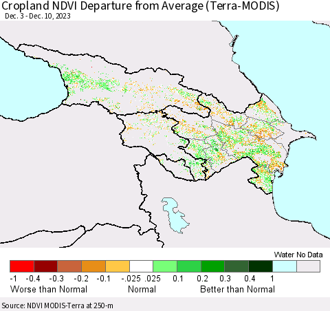 Azerbaijan, Armenia and Georgia Cropland NDVI Departure from Average (Terra-MODIS) Thematic Map For 12/3/2023 - 12/10/2023