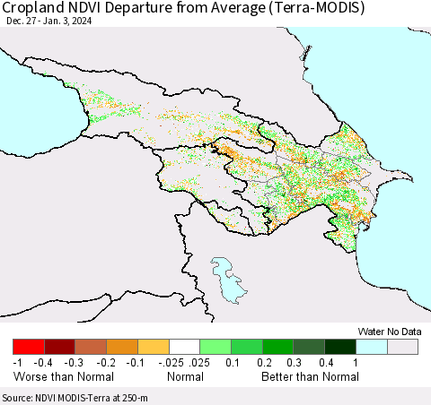 Azerbaijan, Armenia and Georgia Cropland NDVI Departure from Average (Terra-MODIS) Thematic Map For 12/27/2023 - 1/3/2024