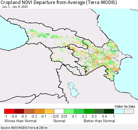 Azerbaijan, Armenia and Georgia Cropland NDVI Departure from Average (Terra-MODIS) Thematic Map For 1/1/2024 - 1/8/2024
