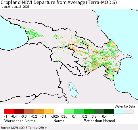 Azerbaijan, Armenia and Georgia Cropland NDVI Departure from Average (Terra-MODIS) Thematic Map For 1/9/2024 - 1/16/2024