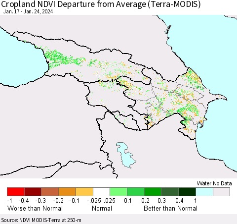 Azerbaijan, Armenia and Georgia Cropland NDVI Departure from Average (Terra-MODIS) Thematic Map For 1/17/2024 - 1/24/2024