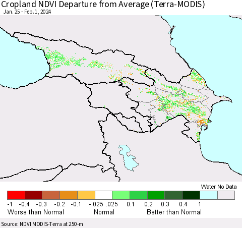 Azerbaijan, Armenia and Georgia Cropland NDVI Departure from Average (Terra-MODIS) Thematic Map For 1/25/2024 - 2/1/2024