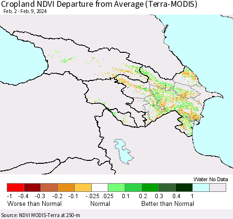 Azerbaijan, Armenia and Georgia Cropland NDVI Departure from Average (Terra-MODIS) Thematic Map For 2/2/2024 - 2/9/2024