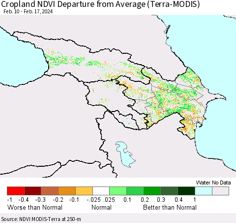 Azerbaijan, Armenia and Georgia Cropland NDVI Departure from Average (Terra-MODIS) Thematic Map For 2/10/2024 - 2/17/2024
