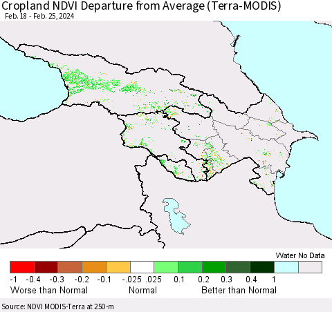 Azerbaijan, Armenia and Georgia Cropland NDVI Departure from Average (Terra-MODIS) Thematic Map For 2/18/2024 - 2/25/2024