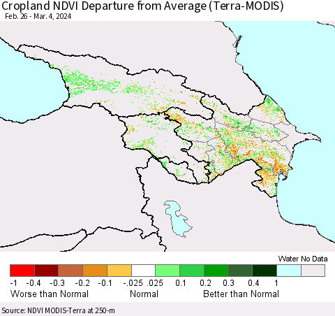 Azerbaijan, Armenia and Georgia Cropland NDVI Departure from Average (Terra-MODIS) Thematic Map For 2/26/2024 - 3/4/2024