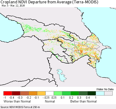 Azerbaijan, Armenia and Georgia Cropland NDVI Departure from Average (Terra-MODIS) Thematic Map For 3/5/2024 - 3/12/2024