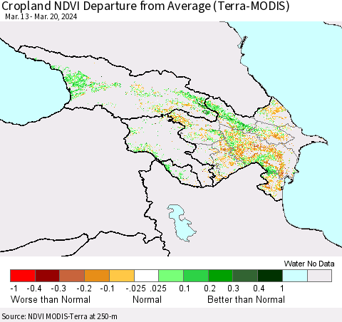Azerbaijan, Armenia and Georgia Cropland NDVI Departure from Average (Terra-MODIS) Thematic Map For 3/13/2024 - 3/20/2024