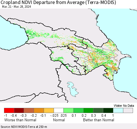 Azerbaijan, Armenia and Georgia Cropland NDVI Departure from Average (Terra-MODIS) Thematic Map For 3/21/2024 - 3/28/2024