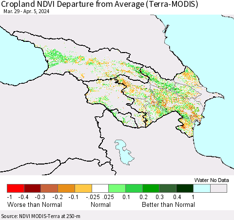Azerbaijan, Armenia and Georgia Cropland NDVI Departure from Average (Terra-MODIS) Thematic Map For 3/29/2024 - 4/5/2024