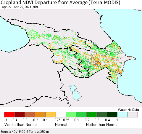 Azerbaijan, Armenia and Georgia Cropland NDVI Departure from Average (Terra-MODIS) Thematic Map For 4/22/2024 - 4/29/2024