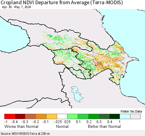 Azerbaijan, Armenia and Georgia Cropland NDVI Departure from Average (Terra-MODIS) Thematic Map For 4/30/2024 - 5/7/2024