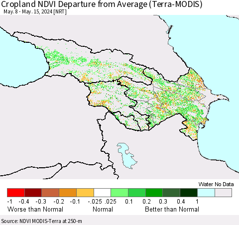 Azerbaijan, Armenia and Georgia Cropland NDVI Departure from Average (Terra-MODIS) Thematic Map For 5/8/2024 - 5/15/2024