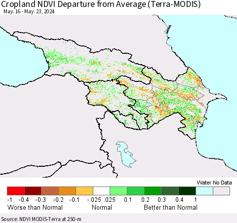 Azerbaijan, Armenia and Georgia Cropland NDVI Departure from Average (Terra-MODIS) Thematic Map For 5/16/2024 - 5/23/2024