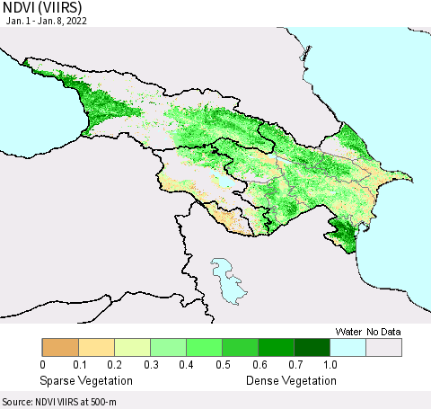 Azerbaijan, Armenia and Georgia NDVI (VIIRS) Thematic Map For 1/1/2022 - 1/8/2022