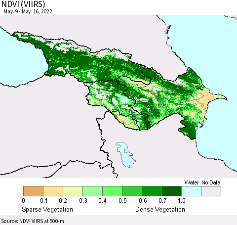 Azerbaijan, Armenia and Georgia NDVI (VIIRS) Thematic Map For 5/9/2022 - 5/16/2022