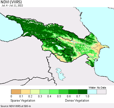 Azerbaijan, Armenia and Georgia NDVI (VIIRS) Thematic Map For 7/4/2022 - 7/11/2022